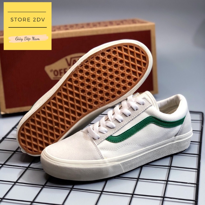 Giày Sneaker Nam Vans Old Skool Trắng Viền Xanh Lá Da Lộn Giày Vans Style 36