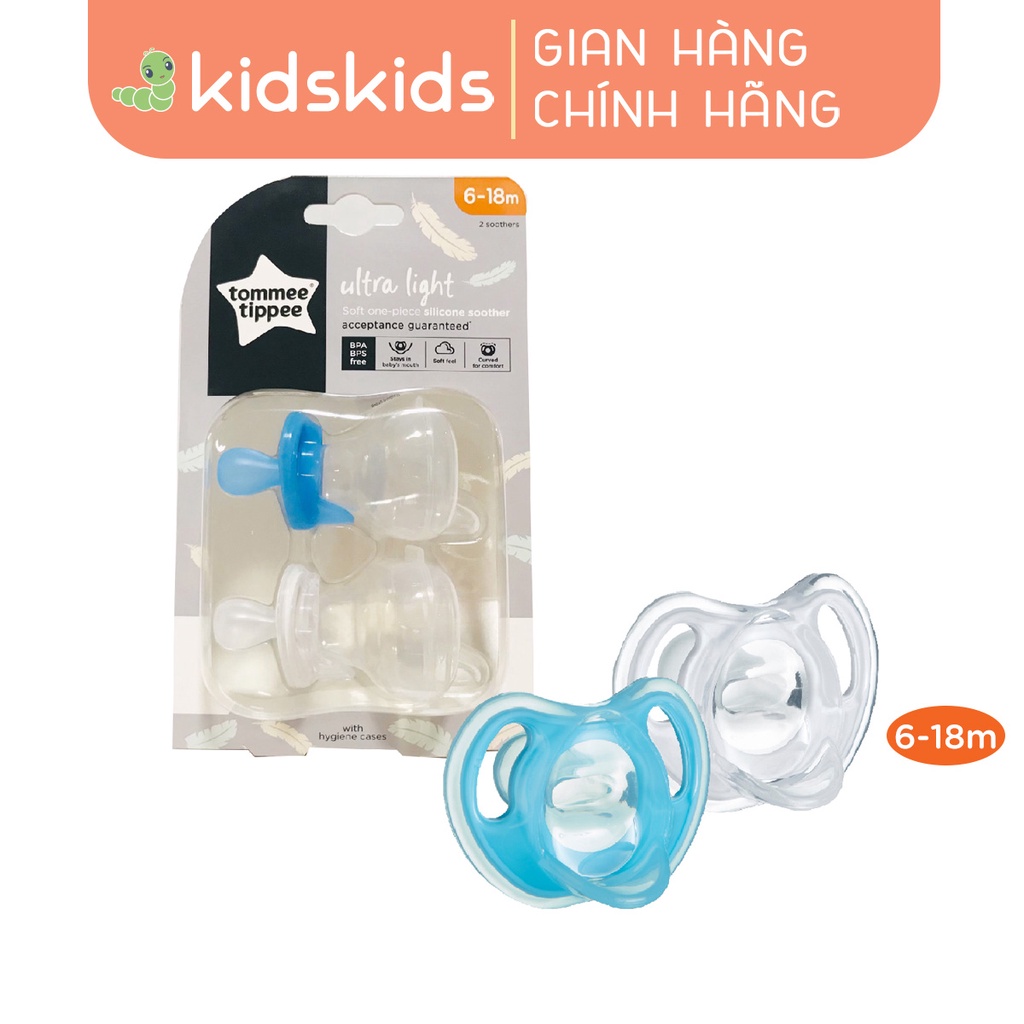 Ty ngậm silicon siêu nhẹ cho bé Tommee Tippee Ultra Light 6-18 tháng (vỉ đôi) - Xanh dương/Trắng