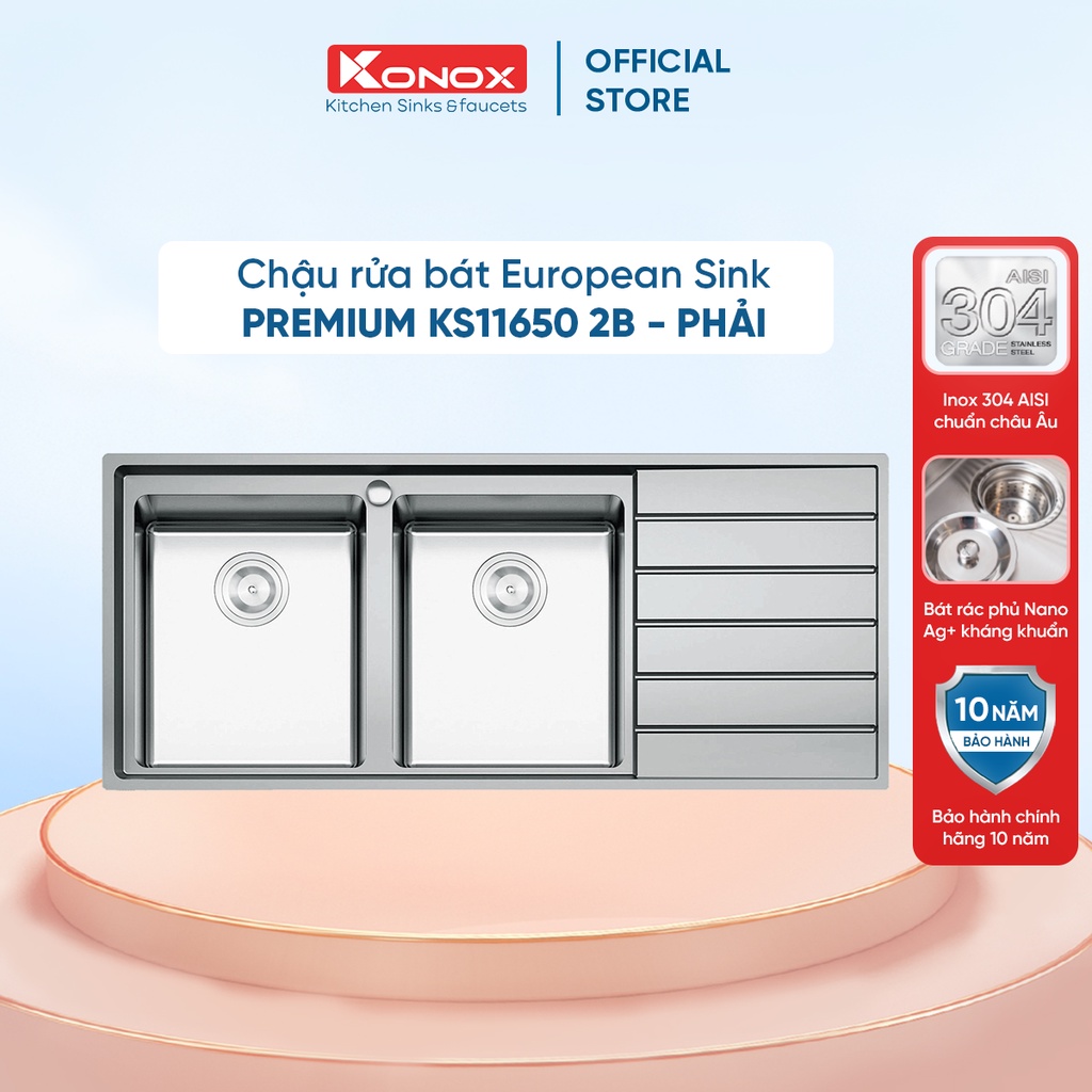 Chậu rửa bát có bàn chờ KONOX European Premium KS11650 2B inox 304AISI, full set gồm Siphon+Giá úp bát inox