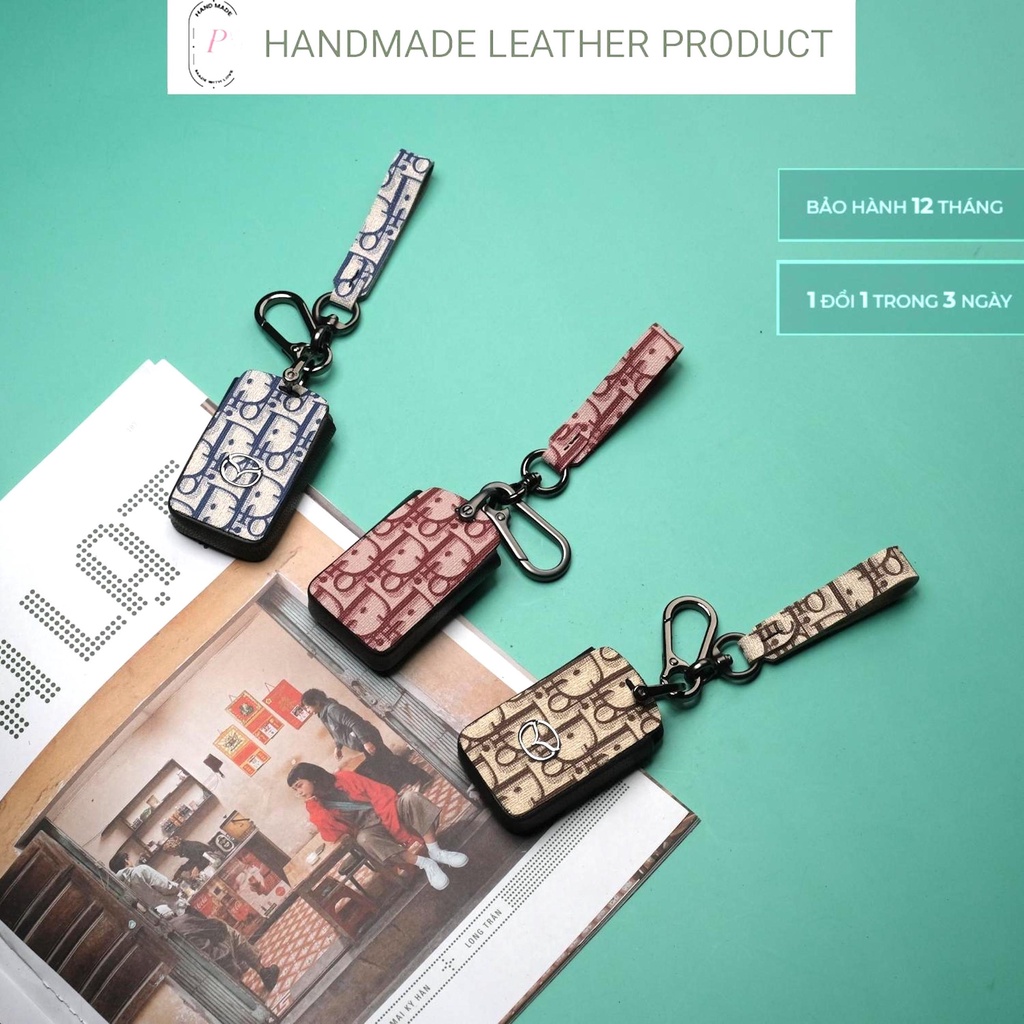 Bao da bọc chìa khóa smartkey ô tô Mazda 3 Cx3 Cx50 nút bấm cạnh handmade móc đen MC