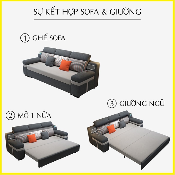 Giường Sofa Thông Minh, Sofa phòng khách  Mẫu Mới Nhất Có Loa  Khung Thép Chắc Chắn Vải Lanh Cao Cấp KT 2.1m x 2,05m