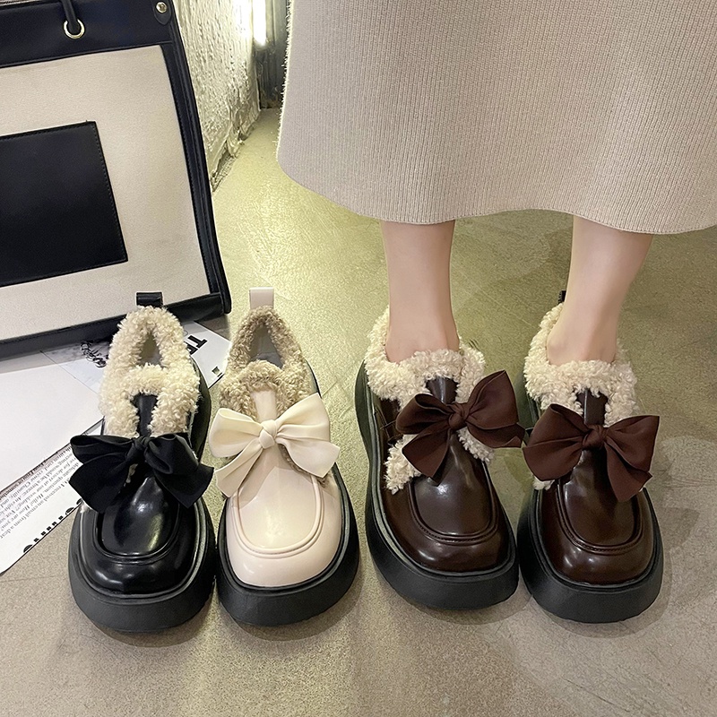 Giày Da Lót Lông Cừu Mũi Tròn Phong Cách Anh Quốc Thời Trang Cho Nữ
