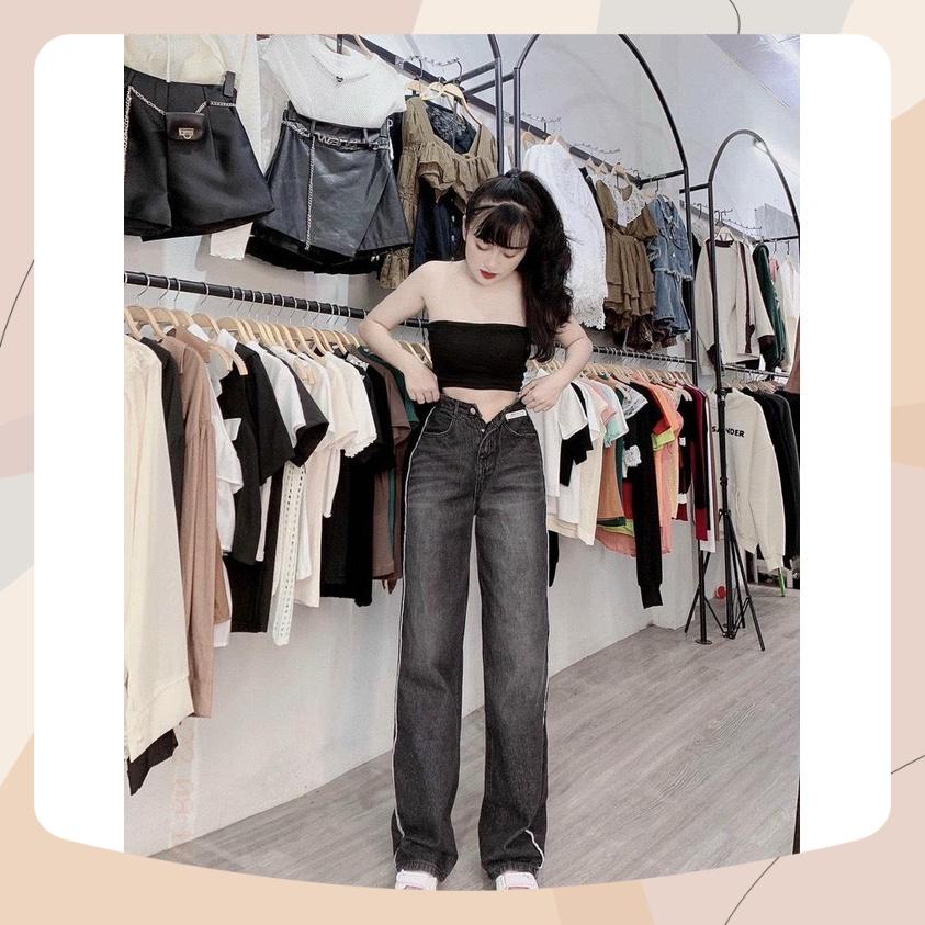 Quần jean nữ ống suông lưng cao màu xám trơn viền trắng form chuẩn