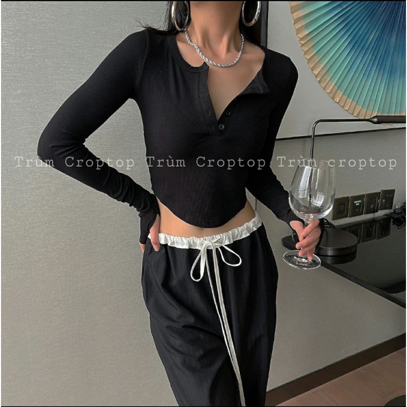 Áo croptop tay dài nữ gắn nút chất thun gân ôm body 3 màu đen trắng xám form unisex basic