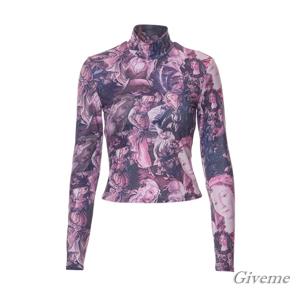 Áo Thun Nữ Tay Dài Cổ Cao In Hình Chân Dung Thời Trang