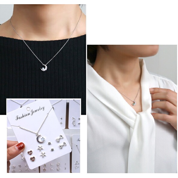 [L2M] SET 5 MÓN gồm dây chuyền mặt TRĂNG SAO và 4 cặp bông tai thời trang phong cách Hàn Quốc xinh xắn