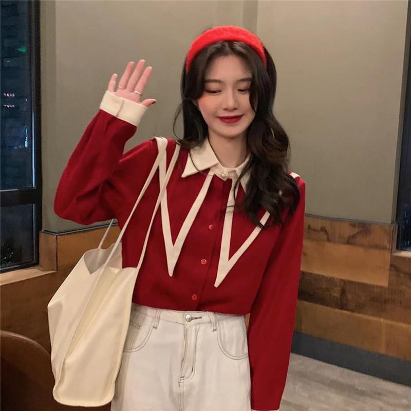 IELGY Áo Sơ Mi Tay Dài Cổ Chữ v Lớn Phong Cách preppy Cho Nữ