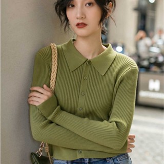 C & M Áo Sweater Dệt Kim Cổ Polo Tay Dài Cho Nữ