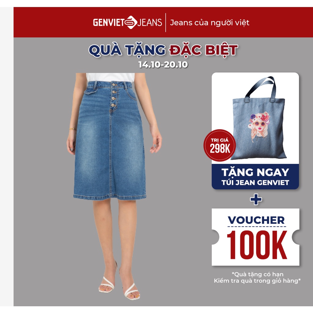 Chân Váy Jeans Nữ Dáng A Lửng Cạp Cao Cao Cấp GENVIET DJ223J2231