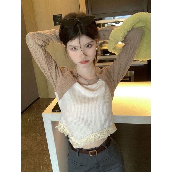 Áo Thun Cổ Vuông Tay Dài Giả Hai Lớp Màu Sắc Tương Phản Phong Cách Hàn Quốc Dành Cho Nữ