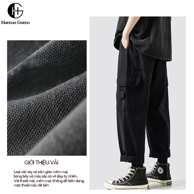 Quần túi hộp HATTON GUTTO bằng cotton dáng rộng nhiều túi màu trơn thời trang mùa hè size lớn cho nam
