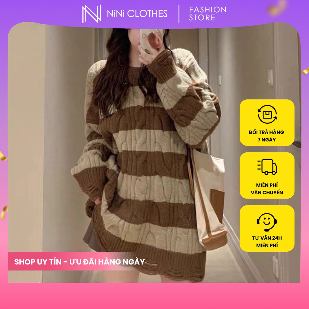Áo len nữ màu nâu be phom rộng sweater cổ tròn dài tay chất len vặn thừng dày dặn cao cấp phong cách Hàn Quốc
