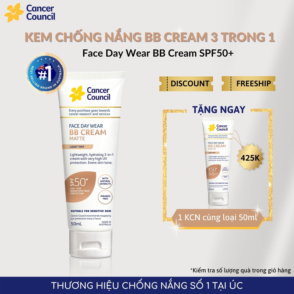 Kem chống nắng Cancer Council BB Cream 3 trong 1 SPF50+/PA++++ 50ml