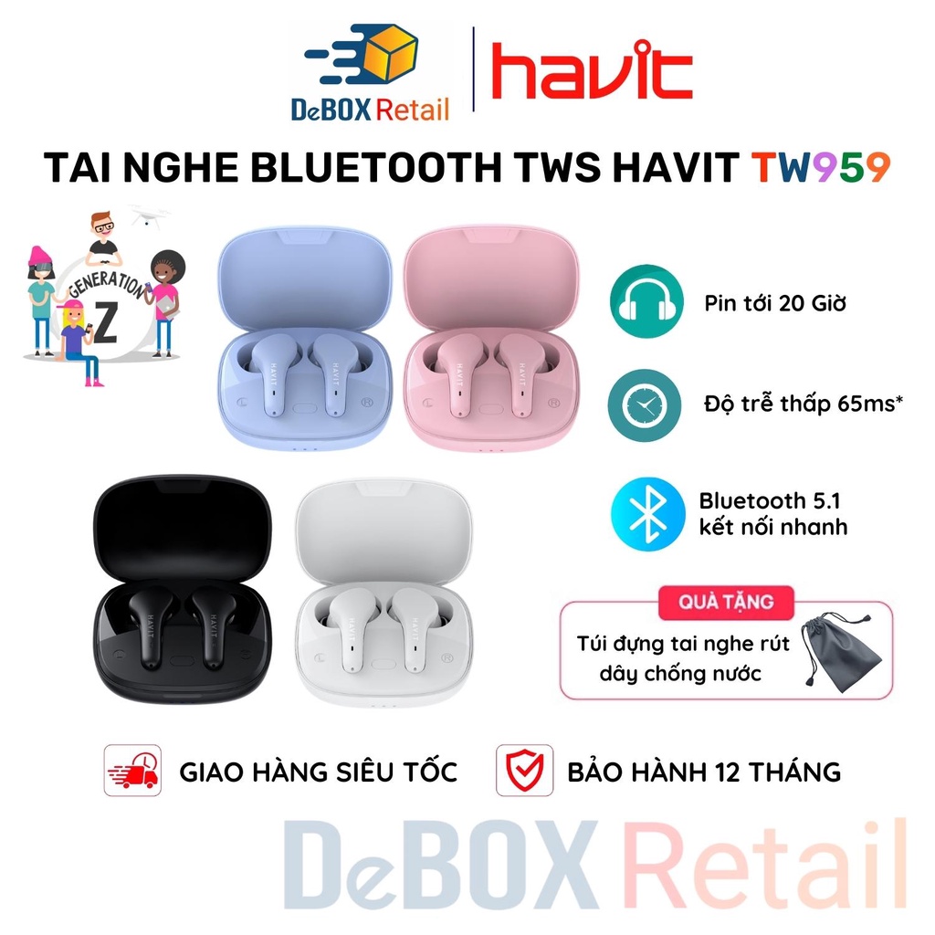 【GenZ Colorholic】Tai Nghe TWS Havit TW959, Bluetooth 5.1, Gamemode 65ms, Nghe Độc Lập, Nghe Đến 20 Giờ - Hàng Chính Hãng