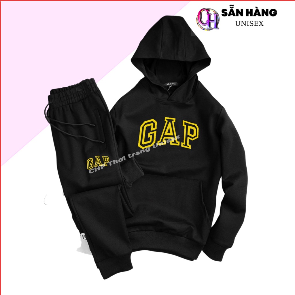 Bộ Nỉ Nam Nữ Thu Đông In Chữ Gap - Set Đồ Thể Thao Mặc Nhà Unisex, Áo Khoác Hoodie Sweter Dài Tay Có Nón Quần Jogger CHP