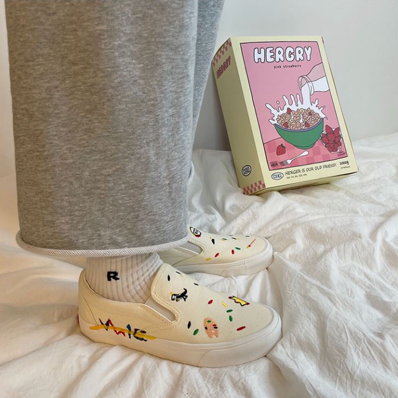 Giày Lười Slip On Họa Tiết Thêu Nhí Màu Sắc Vải Canvas Ulzzang Chính Hãng Cao Cấp GSL01-Molita