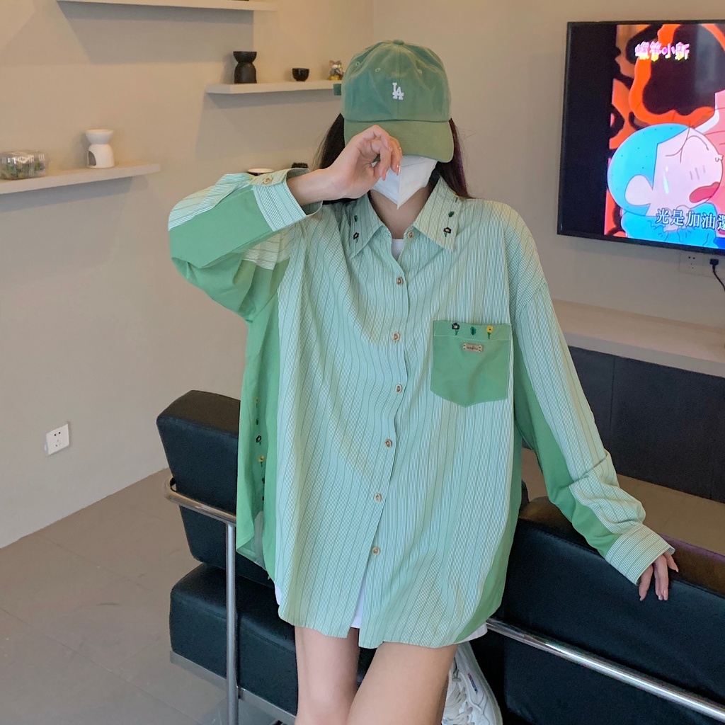 Áo sơ mi SUXI tay dài họa tiết sọc dọc phong cách Hàn Quốc thời trang cho nữ