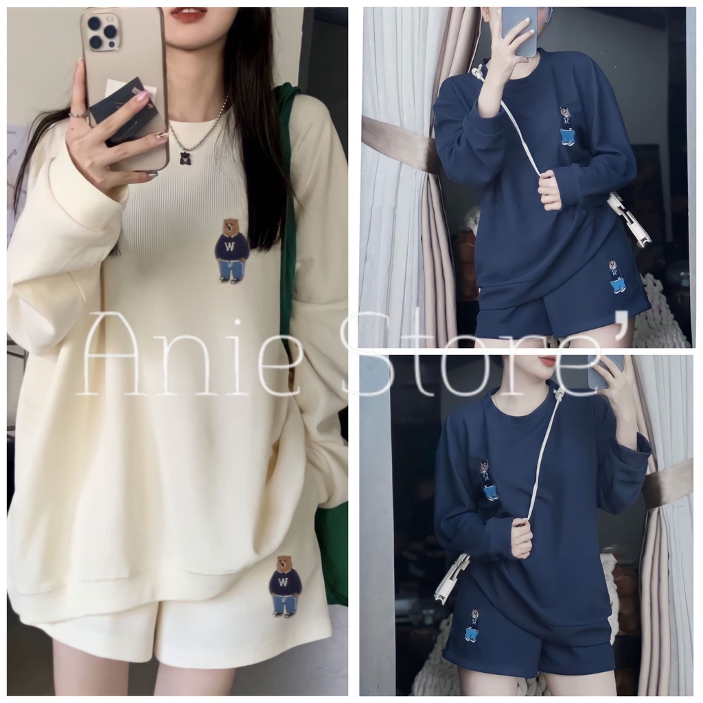 Bộ Áo Thun Quần Short Nữ Thêu Gấu Dáng Rộng 🦋 Set Áo Dài Tay Quần Đùi Vải Tổ Ong 2 Màu 🦋
