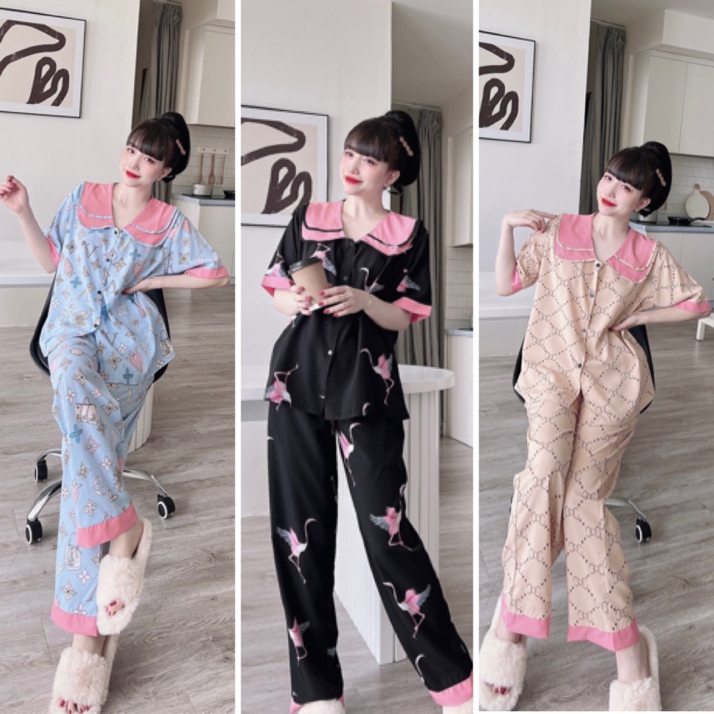 Đồ Bộ Dài Tiểu Thư Bèo Nhún Lụa Satin - Lụa Nhật Cổ Sen Hai Lá