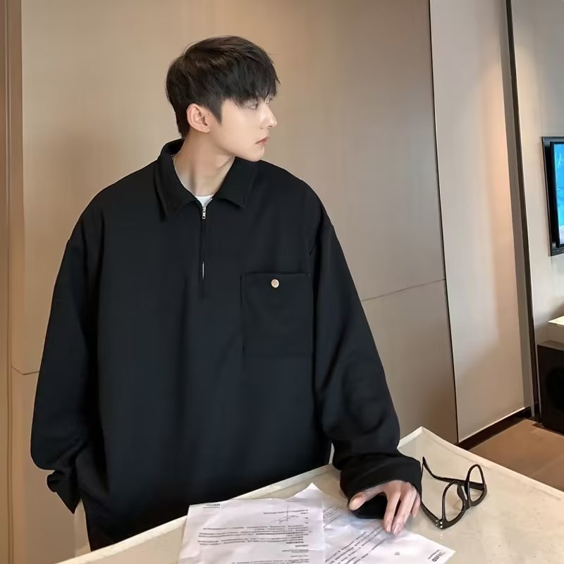 Áo Sơ Mi Polo Dáng Rộng Tay Dài Màu Trơn Đơn Giản Thời Trang Thu Đông Phong Cách Hàn Quốc Cho Nam