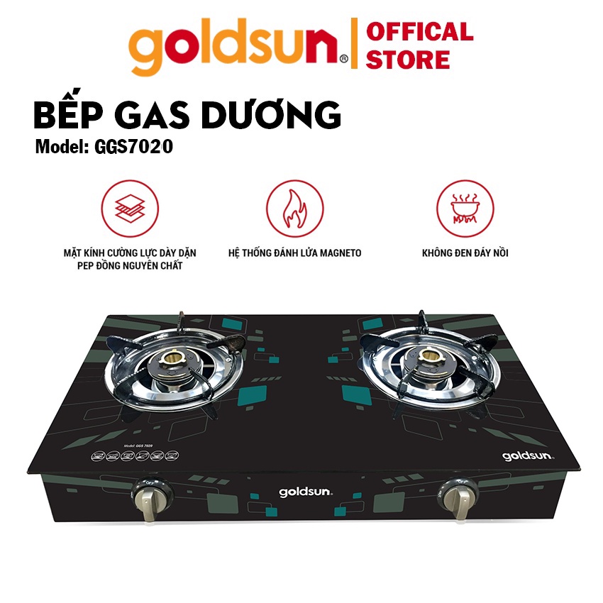 Bếp gas Goldsun GGS7020 mặt kính cường lực, hệ thống đánh lửa magento