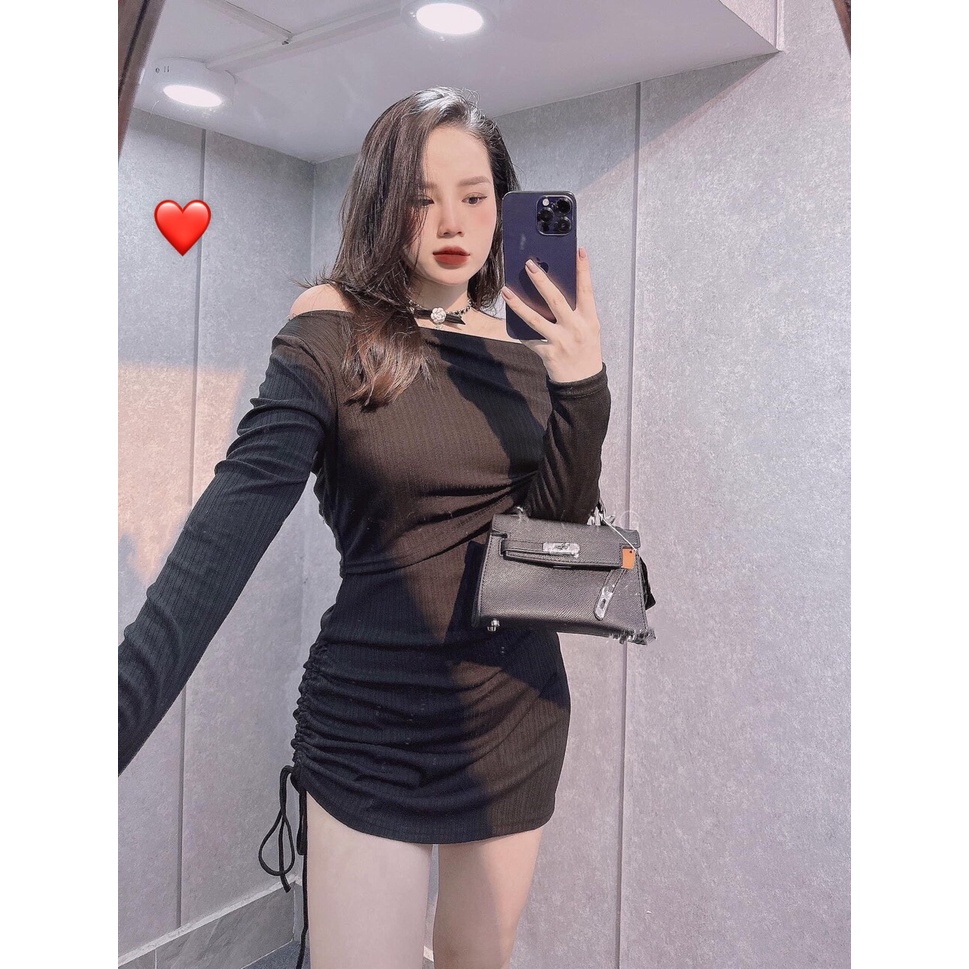 Đầm tay dài trễ vai ôm body dáng ngắn rút dây 1 bên cực hot , chất thun gân mềm mịn