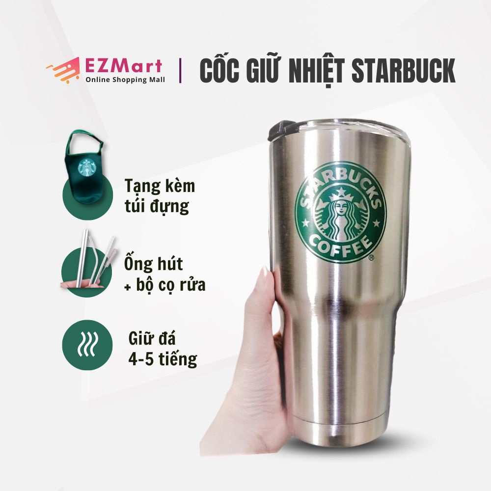 Ly Giữ Nhiệt STARBUCK Thái Lan 900ml Có Nắp Chống Tràn Kèm Túi Xách, 2 Ống Hút Và Cọ Rửa