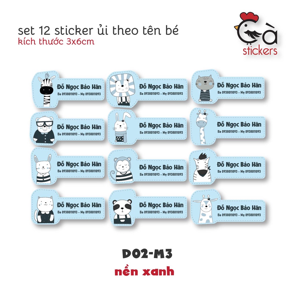 Sticker ủi áo in tên trẻ em GaStickers UT-D02- bộ 12 miếng kích thước 3 x 6 cm