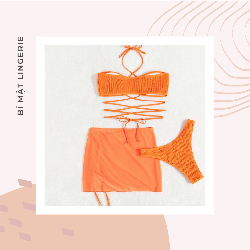 Set Bikini đồ bơi 3 mảnh buộc dây kèm váy quây màu cam rực rỡ tôn da sẵn hàng hot trend hè 2023
