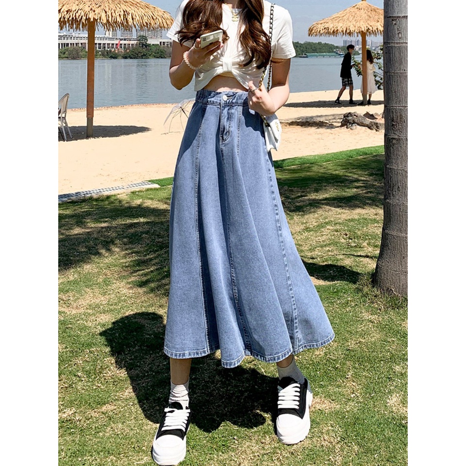 Chân Váy Chữ A Cạp Cao Dáng Dài Bồng Bềnh Chất Jeans Dày Dặn C17