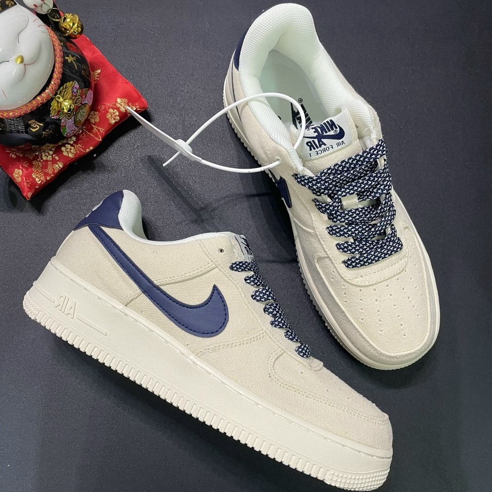 GIÀY CANVAS NAVY - Giày thể thao AF1 Vải Navy Kem Sữa Hót trend, Giày AF1 Màu Be Móc Xanh nam Nữ Full Phụ Kiện
