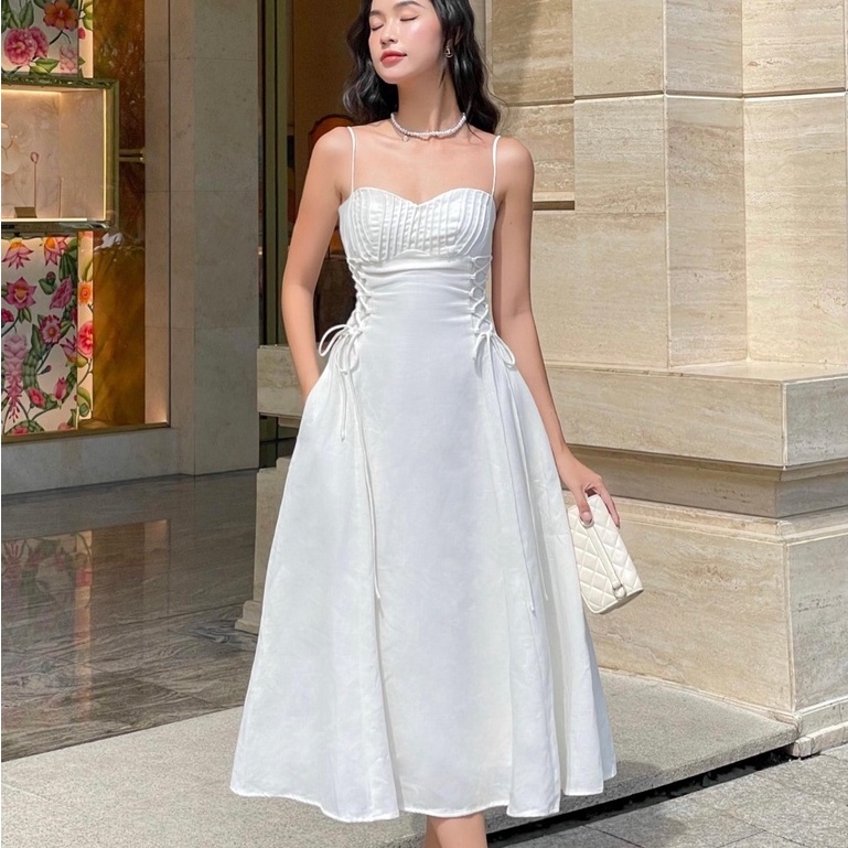 RECHIC Đầm dài Taylor chất linen kiểu hay dây có rút dây ở eo dịu dàng nữ tính phù hợp đi các buổi tiệc