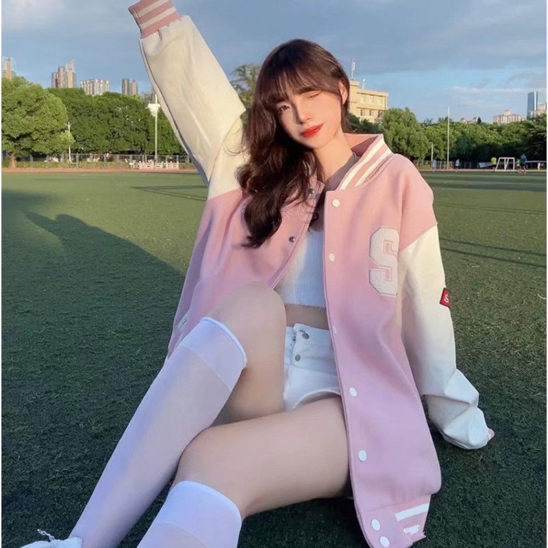 XIYUYI Áo Khoác Bóng Chày Dáng Rộng Màu Hồng Phong Cách vintage Mỹ Cho Nữ