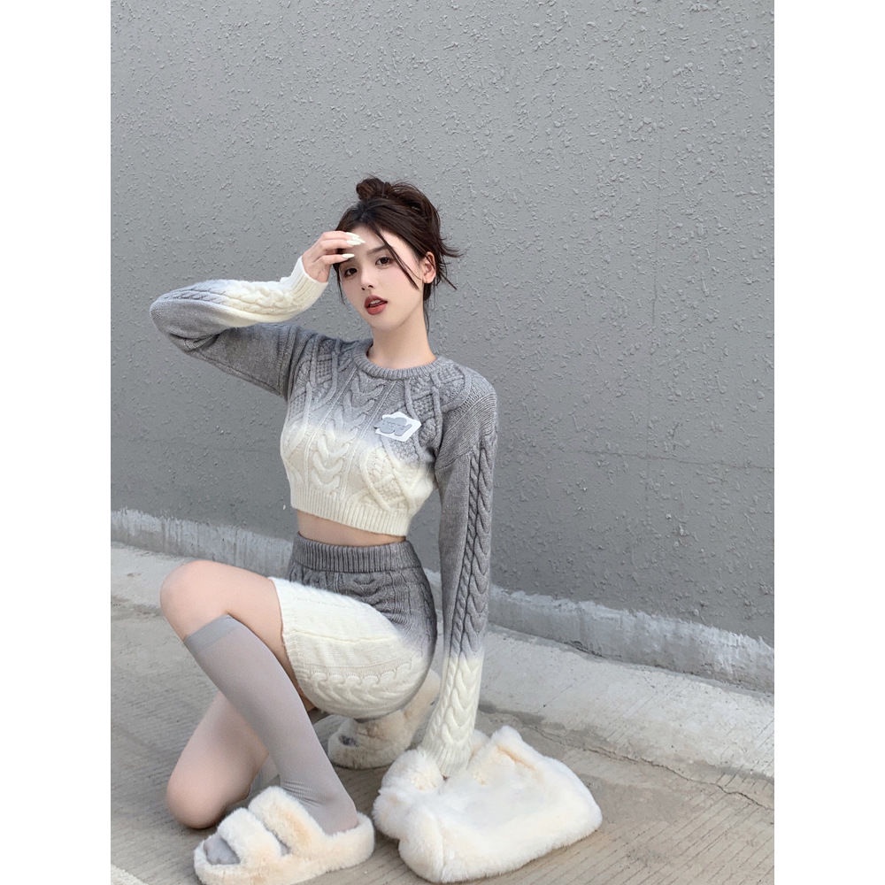 Bộ Áo Sweater Dệt Kim Phối Chân Váy Kiểu Retro Thời Trang Mùa Thu Cho Nữ