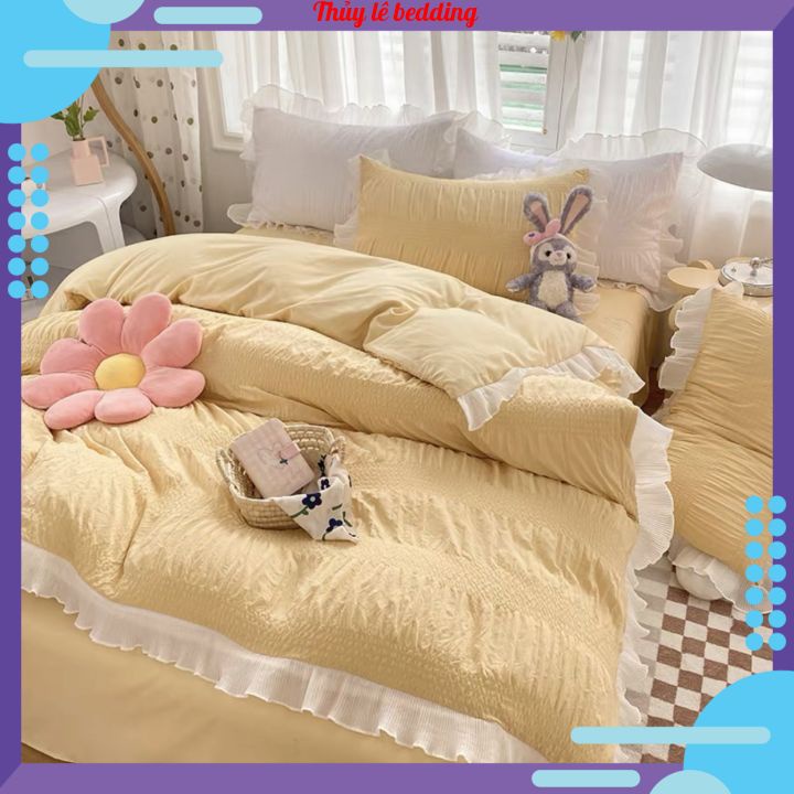 Bộ chăn ga gối cotton đũi giúm viền bèo mẫu mới, bộ 4 món vỏ chăn ga và 2 vỏ gối đũi giúm đủ size( bo phủ hoặc bo chun)