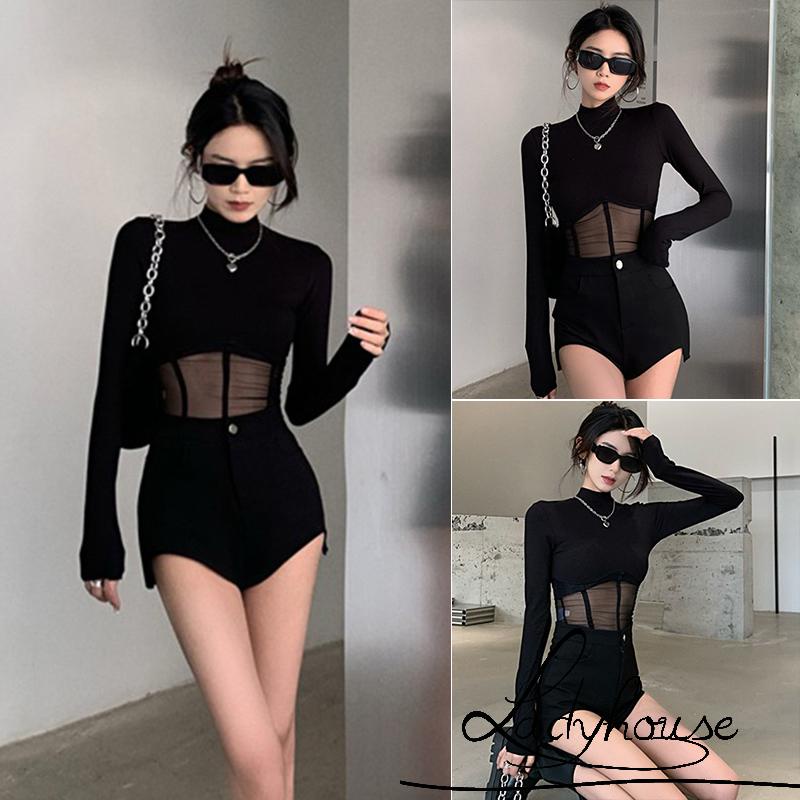 Áo Thun Tay Dài Cổ Cao Phối Lưới Màu Đen Thời Trang Xuân Thu Cho Nữ