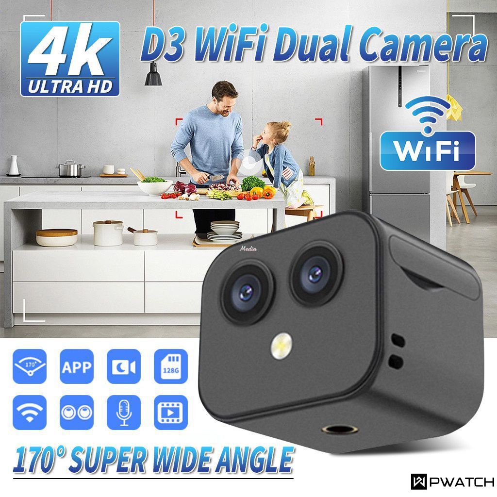 D3 Hd 4K Mini Camera Wifi Hai Ống Kính Điện Thoại Di Động Từ Xa Mạng Không Dây Tầm Nhìn Ban Đêm 2 Chiều liên Lạc Nội Bộ Giám Sát 【Pwatch】