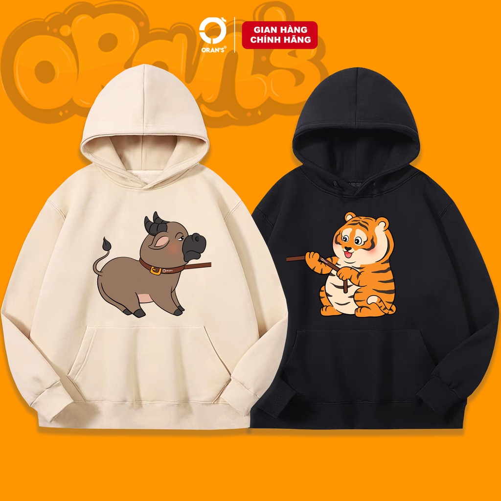 Áo Hoodie in hình con hổ kéo con trâu ORAN'S Oversize chất nỉ cotton lót bông, FULLBOX ORANS COUPLE - 07