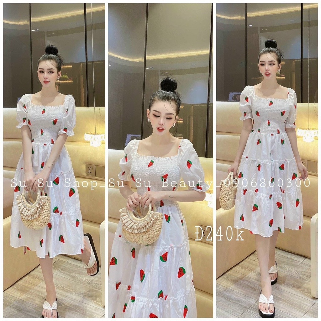 Đầm xòe mocking phối bèo in họa tiết dễ thương