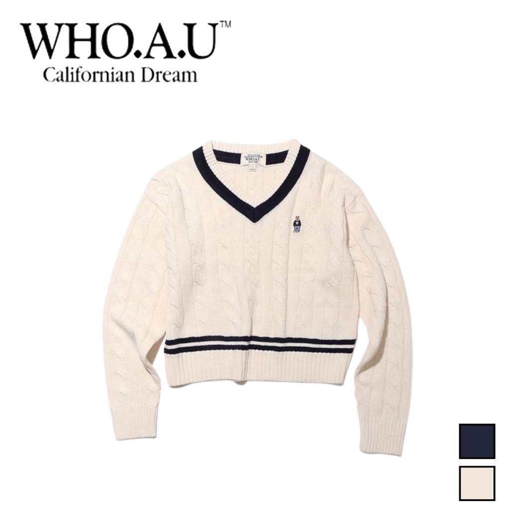 Áo Sweater WHO.A.U WHKAC4T12F tay dài cổ chữ V thêu Steve Cruller Sweater Tildeun