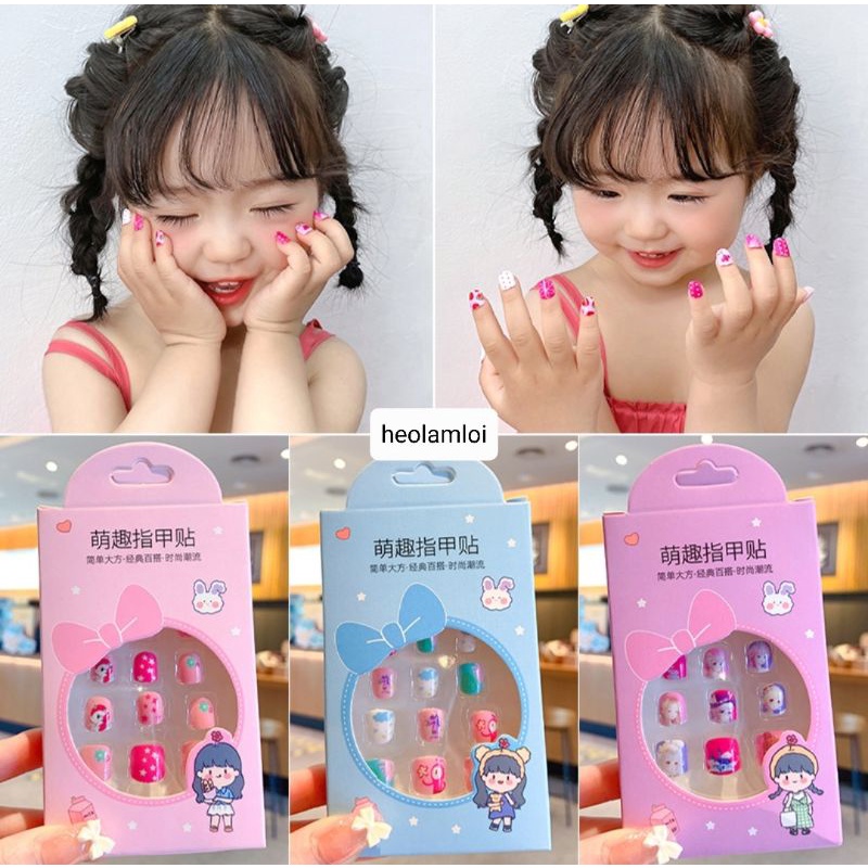 Hộp 12 móng tay giả cho bé đã sẵn keo nhiều mẫu, tặng kèm set 12 miếng dán móng silicon [Nail box]