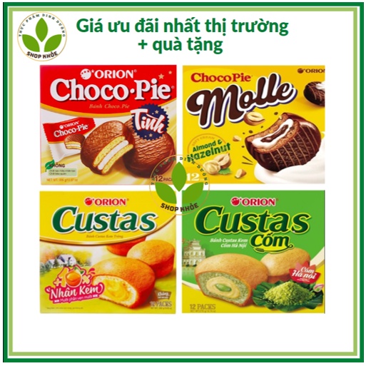 Bánh Chocopie Orion, Chocopie Tình, Chocopie Molle Kem Mềm Hạnh Nhân, Custas cốmCustas,kem phô mai dâu, Bánh quy sữa tươ