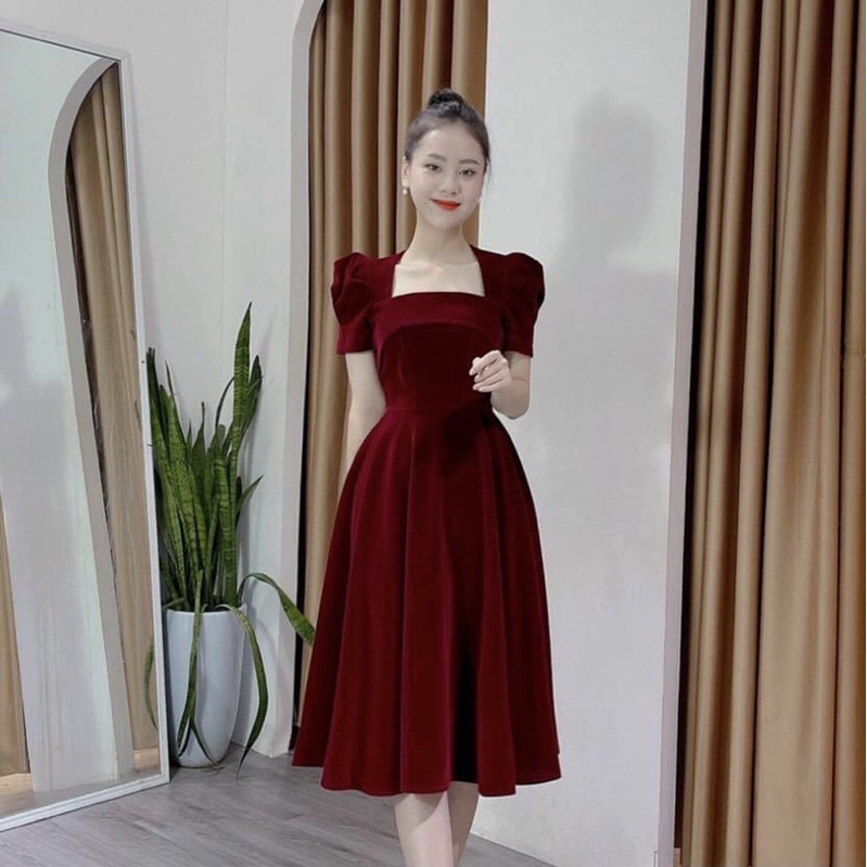 VÁY NHUNG CỨNG DÁNG XOÈ DÀI 105CM TIỂU THƯ KÈM TAG ĐÁ