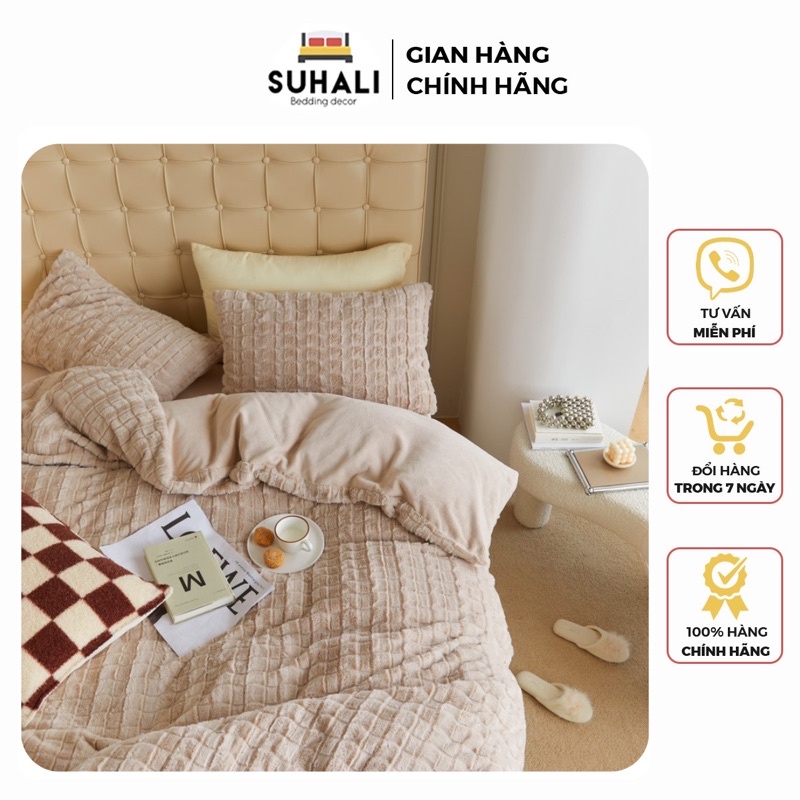 Bộ chăn ga nỉ lông thỏ 4 món: vỏ chăn, ga, 2 vỏ gối nằm