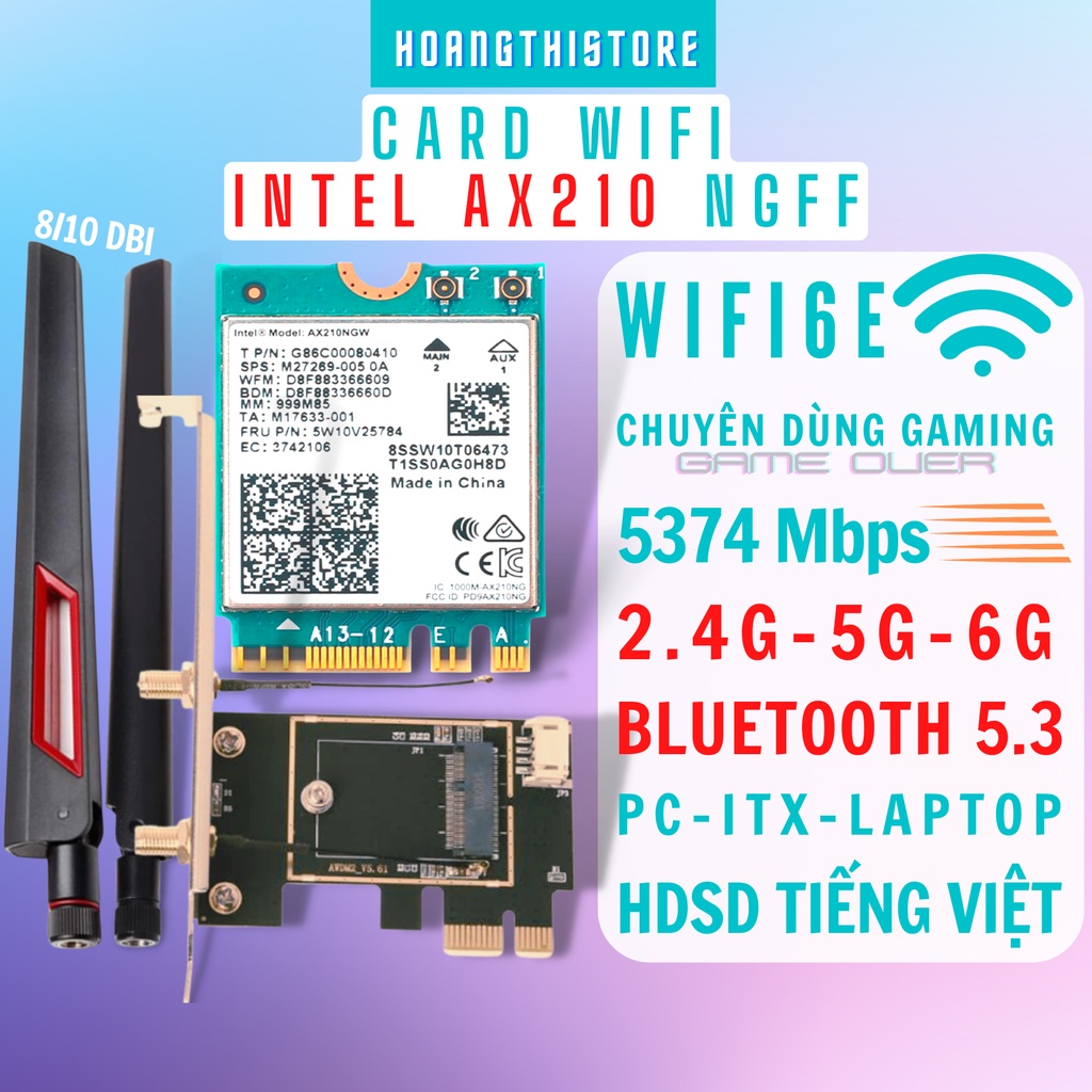 Card Wifi 6E Intel AX210 6GHz 3 băng tần Bluetooth 5.3 Gaming - Wifi6 AX210NGW 2GHz 5GHz 6GHz laptop pc itx M2 ngff PCIe