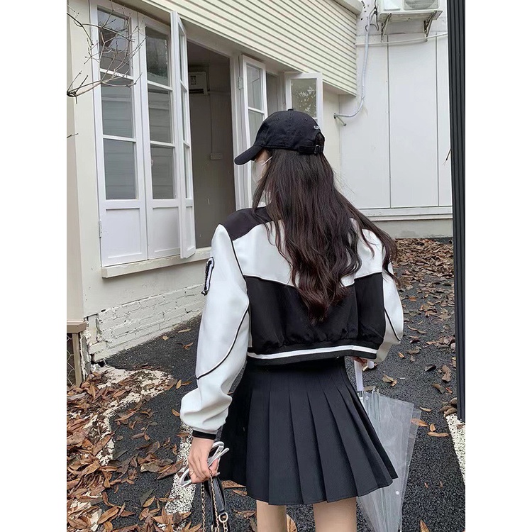 Áo bomber nữ dáng ngắn croptop phối tay da shop Đậu Xinh - B303