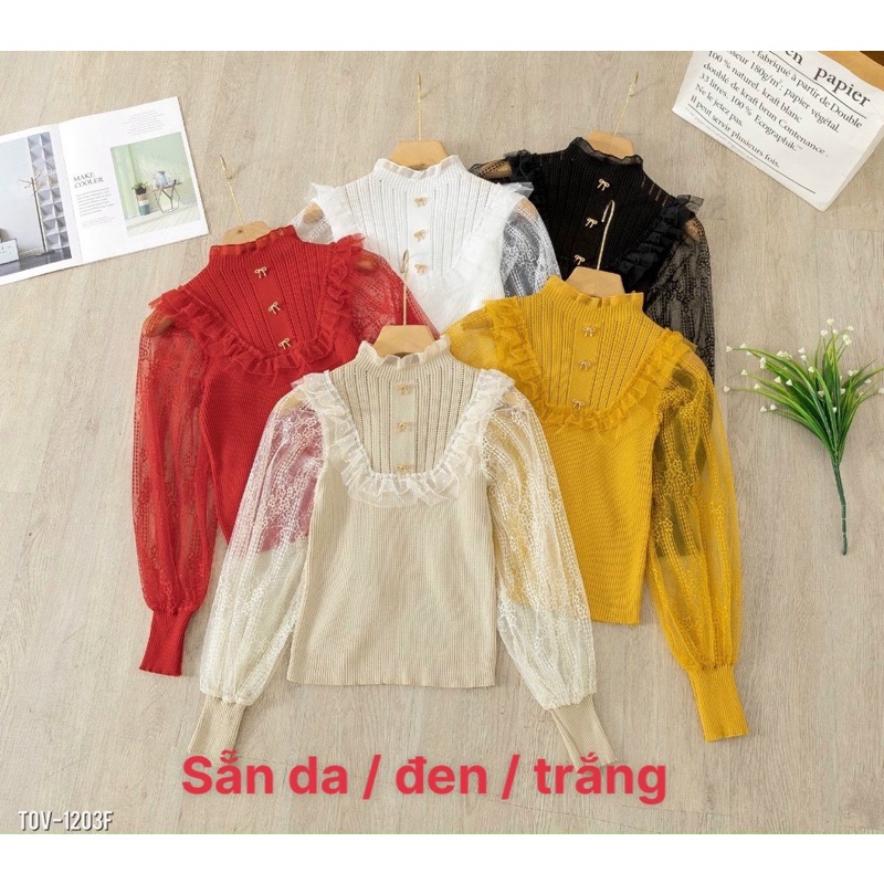 Áo len cổ ren tay voan ren siêu sọn sò Hàng sẵn ba màu đen / trắng / da tại shop Len quảng châu đẹp mặc thuđông cực xinh