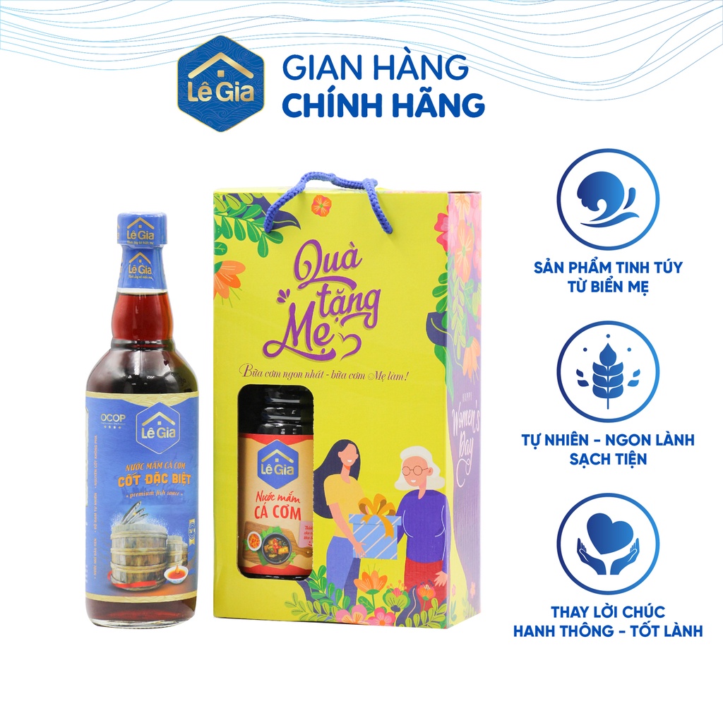 Hộp quà tặng Lê Gia - Món quà tặng mẹ (01 chai mắm cốt đặc biệt 525ml + 01 chai nước mắm cá cơm 650ml)