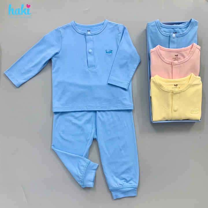 Bộ quần áo dài tay Haki cho bé trai bé gái sơ sinh tới 3 tuổi thiết kế cổ trụ vải sợi tre cotton BB011