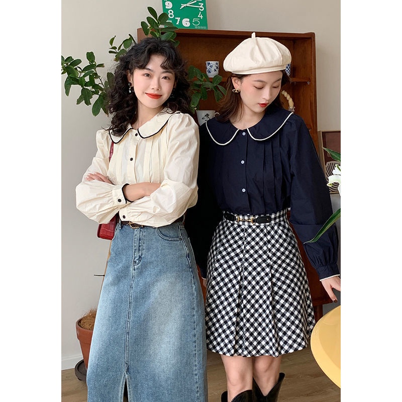 Áo Sơ Mi Cổ Búp Bê Dáng Rộng Màu Sắc Tương Phản Thời Trang Mùa Thu Cho Nữ